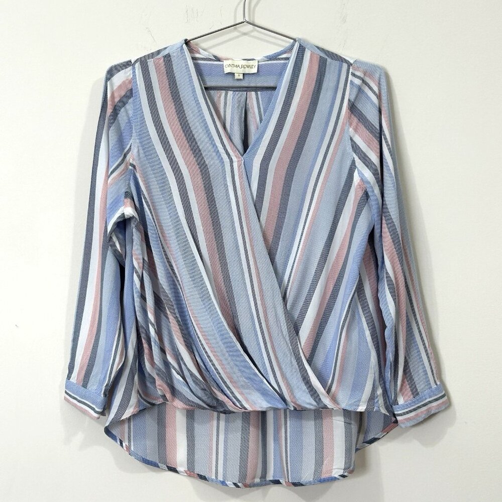 CYNTHIA ROWLEY Blouse Sz S Striped Rayon Faux Wrap V-Neck High Low Long Sleeve